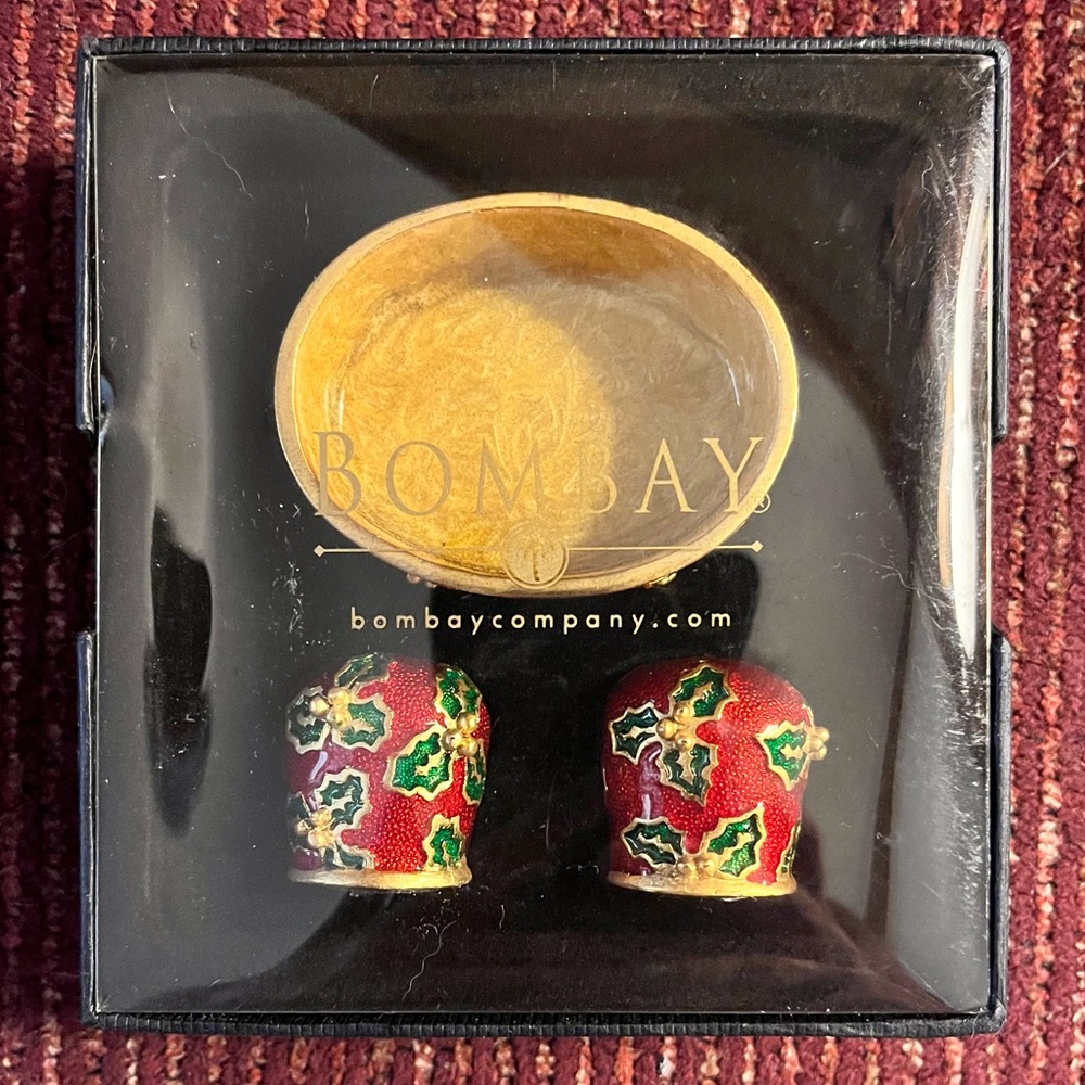 Bombay Enameled Holiday Salt and Pepper Shakers - Red and Green Metal
